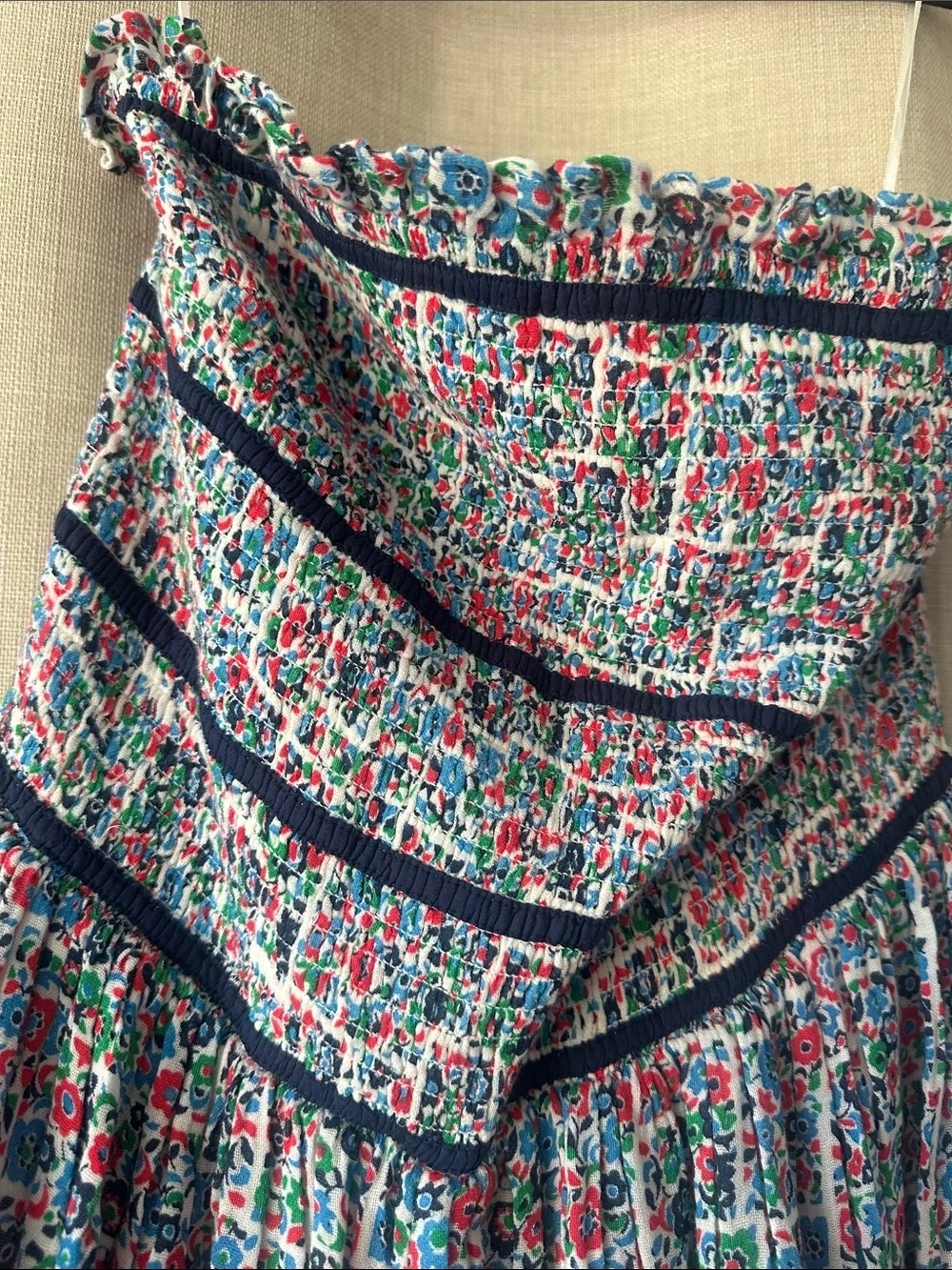 Free People Floral Smocked Strapless Skort Linen Romper with Navy Trim Sz M NWT - Picture 3 of 4